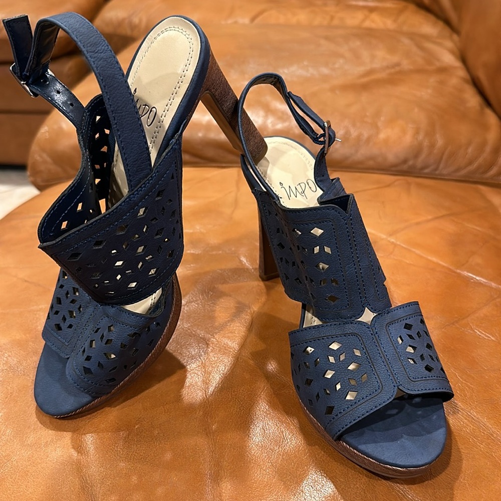 Impo Brand Sandal Heels in Blue with Faux Wood Heel - Picture 3 of 11